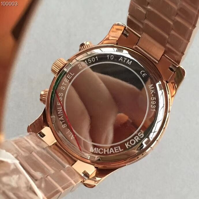 MICHAEL KORS手錶 MK5931 MK手錶 熒光粉玫瑰金色鋼鏈錶 女生石英錶 三眼計時日曆防水腕錶 大直徑手錶-細節圖9