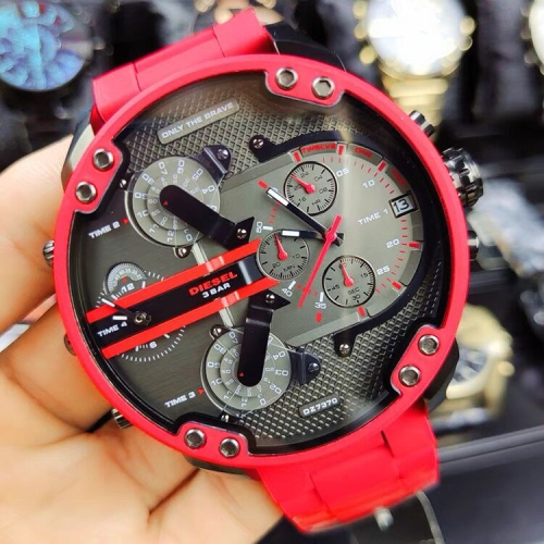 DIESEL迪賽手錶 大直徑防水石英錶 DZ7370 紅色鋼鏈錶 時尚潮流男錶 休閒運動腕錶 三眼計時男錶