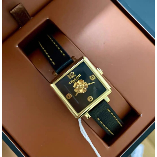COACH手錶 蔻馳手錶 CASS系列茶玫瑰錶盤 小牛皮石英錶 女生小方錶 黑色皮帶手錶女 防水皮帶錶14503695