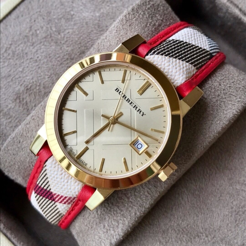 BURBERRY戰馬手錶 休閒商務皮帶錶 紅色經典格紋女錶 時尚百搭石英錶 34mm 女生腕錶 BU9139