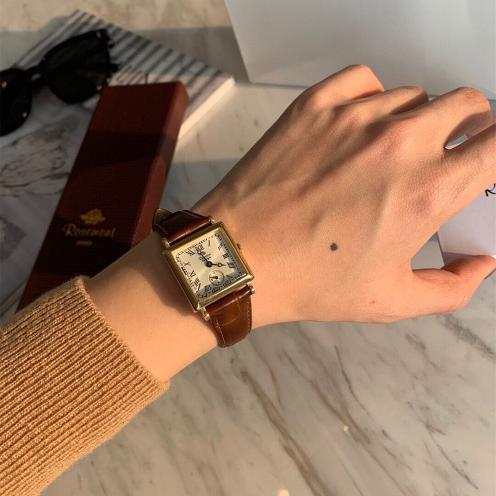 Rosemont手錶 孫藝珍同款小巧皮帶表 方形歐美復古氣質棕色真皮女錶 日本簡約氣質時尚腕錶 女生防水石英錶-細節圖7