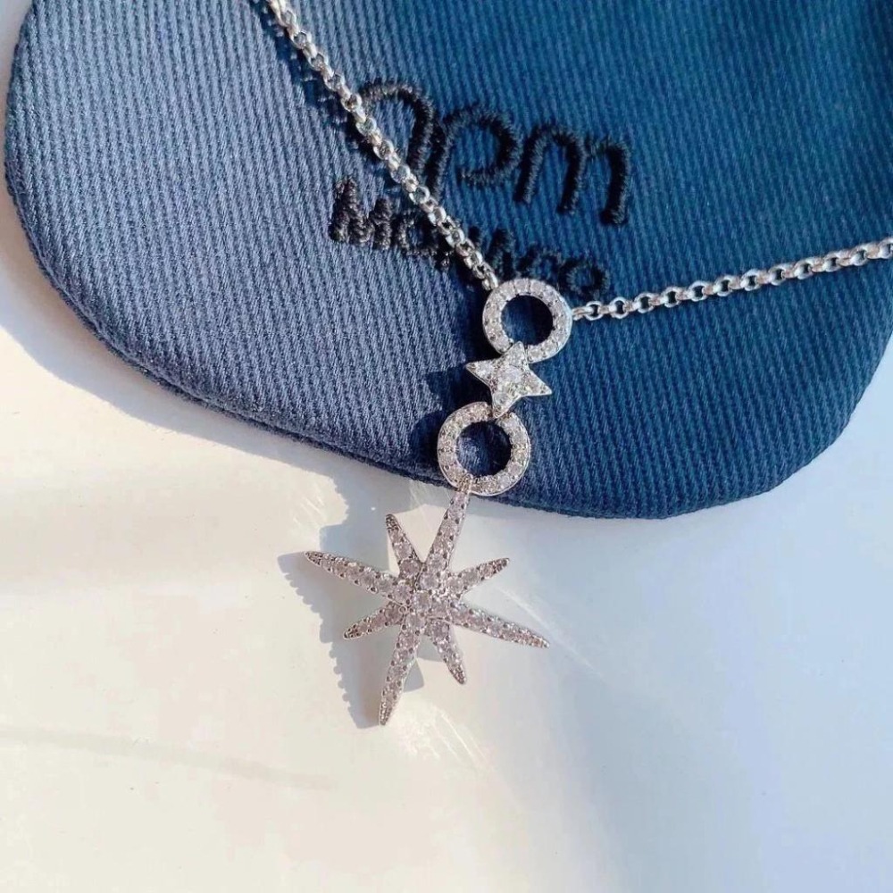 APM MONACO項鏈 多圈項鏈 六芒星項鏈 925純銀飾品 純銀項鏈 氣質時尚頸鏈 高級感項墜 鑲晶鑽可調節項鏈-細節圖4