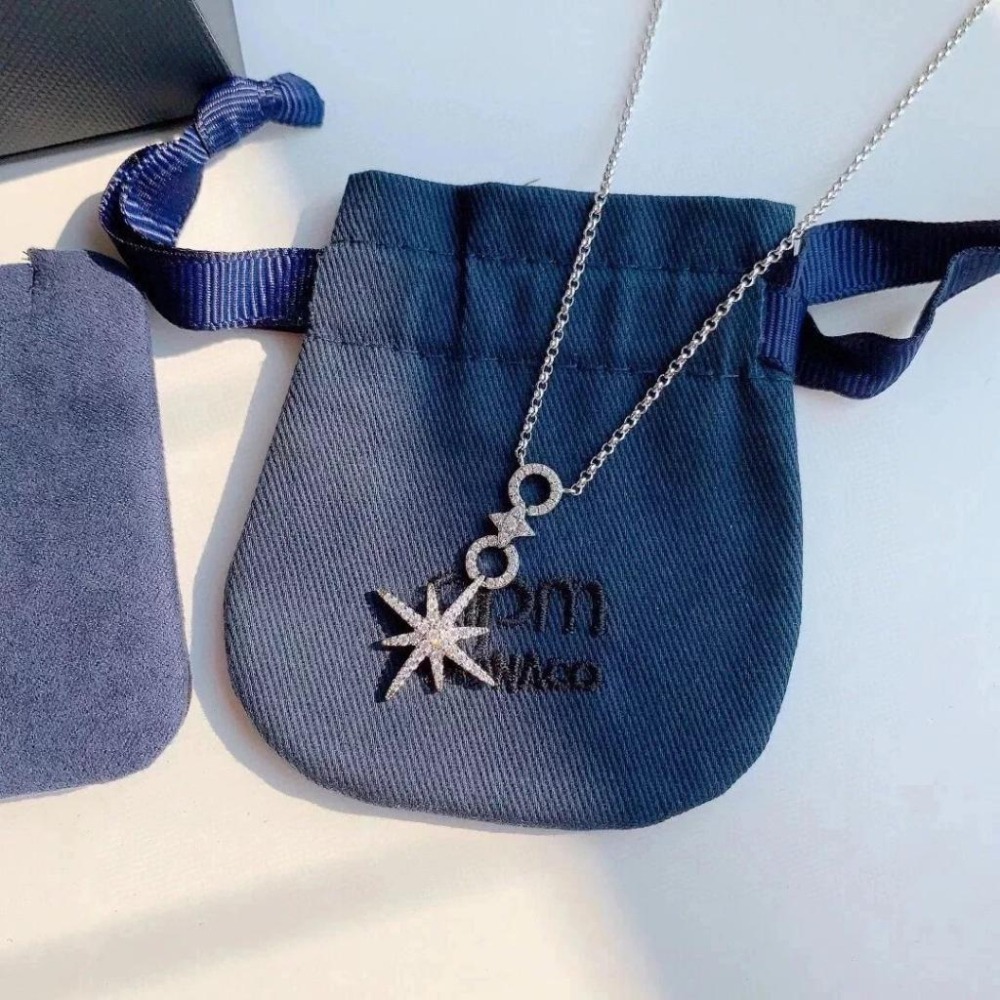 APM MONACO項鏈 多圈項鏈 六芒星項鏈 925純銀飾品 純銀項鏈 氣質時尚頸鏈 高級感項墜 鑲晶鑽可調節項鏈-細節圖5