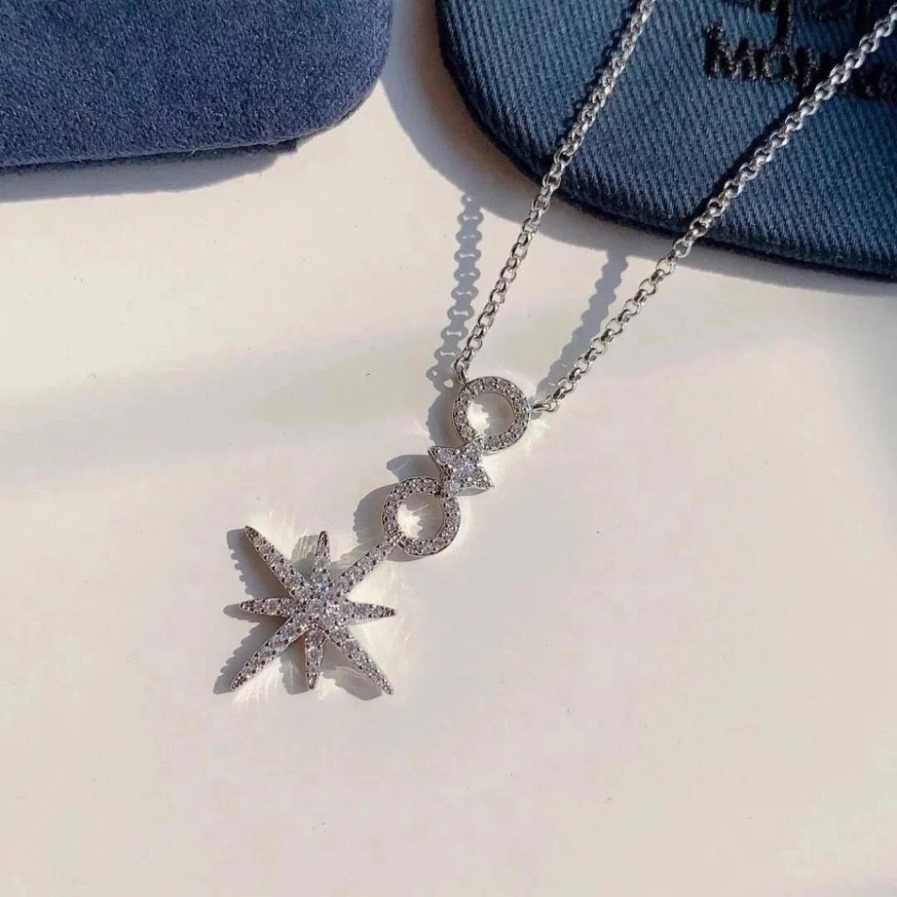APM MONACO項鏈 多圈項鏈 六芒星項鏈 925純銀飾品 純銀項鏈 氣質時尚頸鏈 高級感項墜 鑲晶鑽可調節項鏈-細節圖6