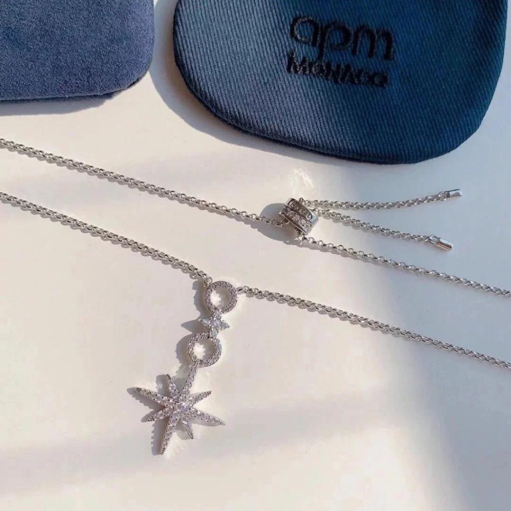 APM MONACO項鏈 多圈項鏈 六芒星項鏈 925純銀飾品 純銀項鏈 氣質時尚頸鏈 高級感項墜 鑲晶鑽可調節項鏈-細節圖8