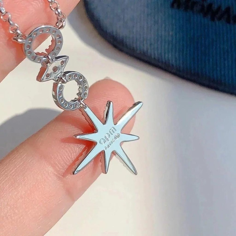 APM MONACO項鏈 多圈項鏈 六芒星項鏈 925純銀飾品 純銀項鏈 氣質時尚頸鏈 高級感項墜 鑲晶鑽可調節項鏈-細節圖9