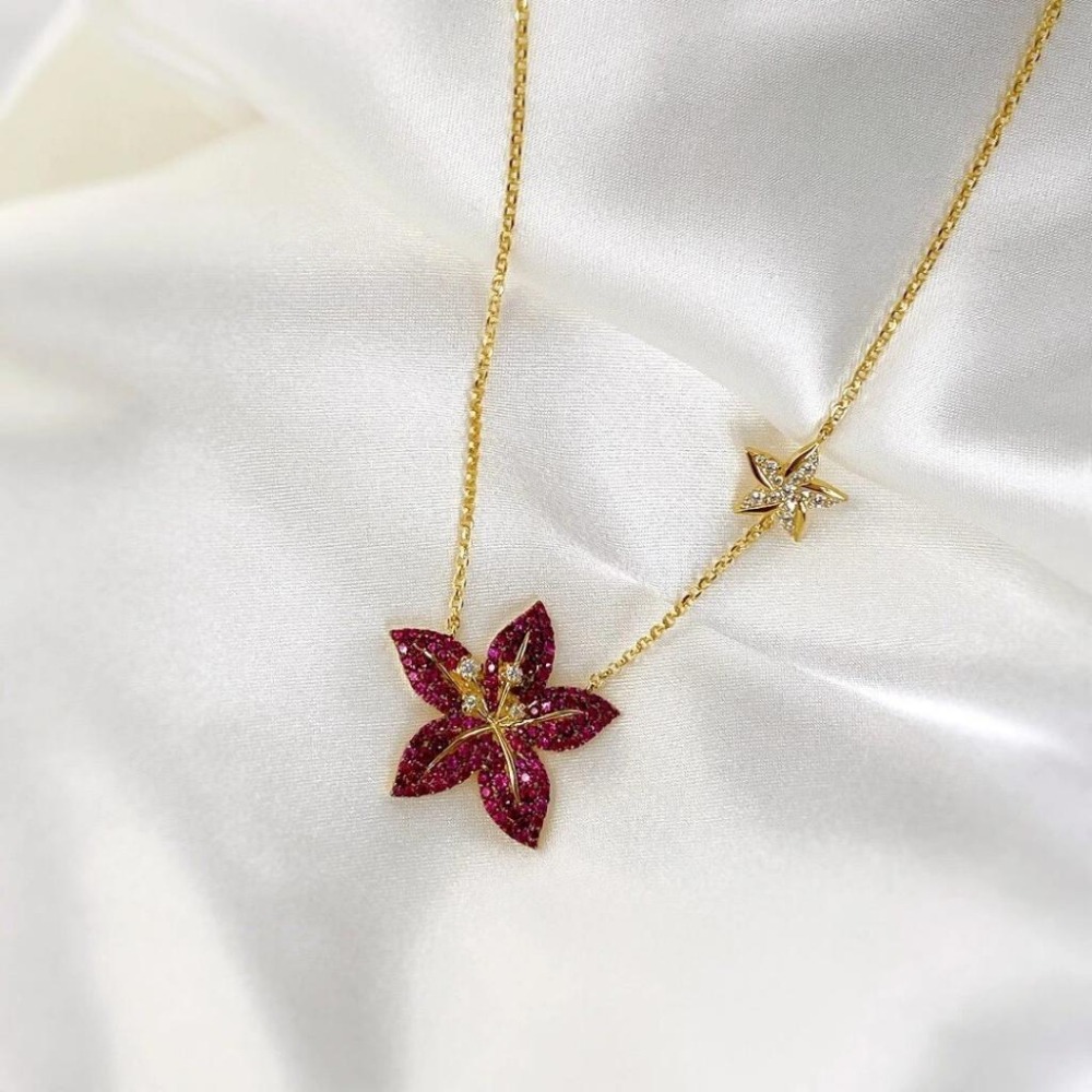 APM MONACO女生項鏈 925純銀耳環 熱帶花朵項鏈 鑲晶鑽鎖骨鏈 時尚氣質頸鏈 毛衣鏈 可調節大小時尚項墜-細節圖2