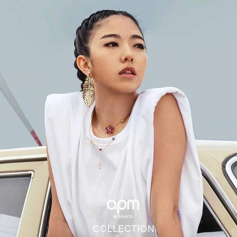 APM MONACO女生項鏈 925純銀耳環 熱帶花朵項鏈 鑲晶鑽鎖骨鏈 時尚氣質頸鏈 毛衣鏈 可調節大小時尚項墜-細節圖3