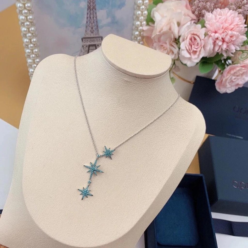 APM MONACO女生項鏈 六芒星項鏈 湖水藍項鏈 鑲晶鑽孔雀藍鎖骨鏈 可調節大小 毛衣鏈 女生頸鏈 明星同款項鏈-細節圖2