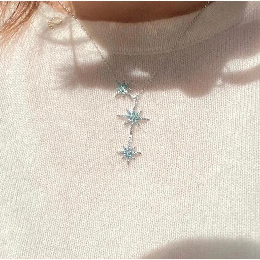 APM MONACO女生項鏈 六芒星項鏈 湖水藍項鏈 鑲晶鑽孔雀藍鎖骨鏈 可調節大小 毛衣鏈 女生頸鏈 明星同款項鏈-細節圖4