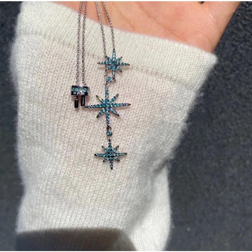 APM MONACO女生項鏈 六芒星項鏈 湖水藍項鏈 鑲晶鑽孔雀藍鎖骨鏈 可調節大小 毛衣鏈 女生頸鏈 明星同款項鏈-細節圖5