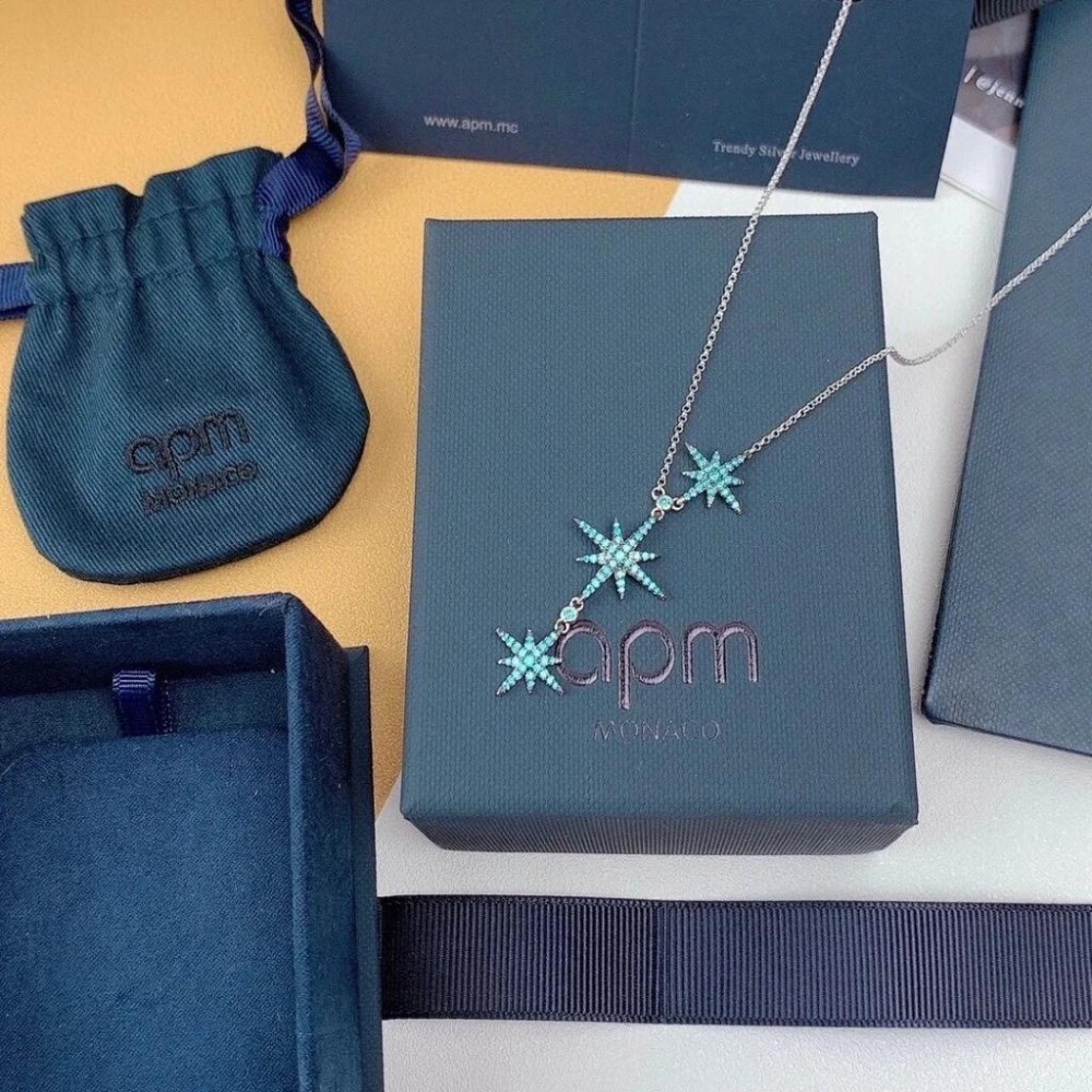 APM MONACO女生項鏈 六芒星項鏈 湖水藍項鏈 鑲晶鑽孔雀藍鎖骨鏈 可調節大小 毛衣鏈 女生頸鏈 明星同款項鏈-細節圖6