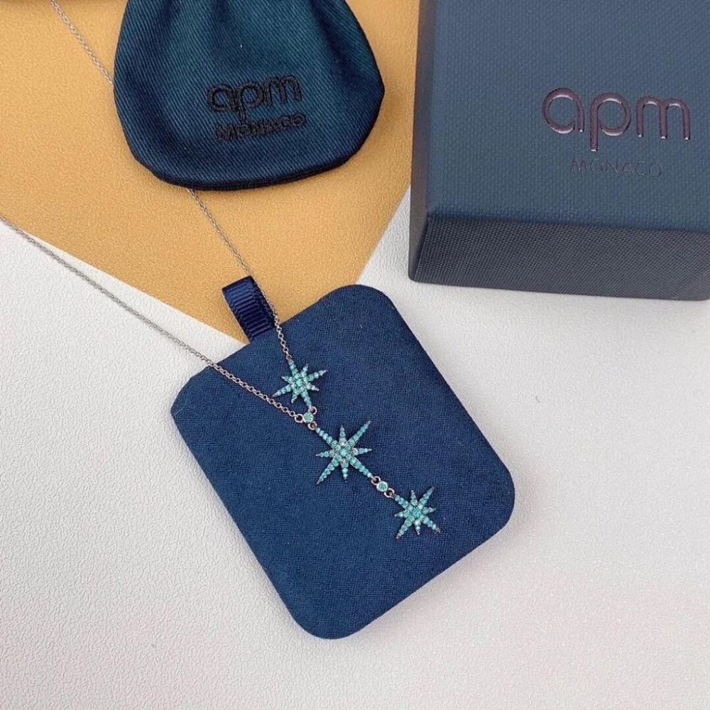 APM MONACO女生項鏈 六芒星項鏈 湖水藍項鏈 鑲晶鑽孔雀藍鎖骨鏈 可調節大小 毛衣鏈 女生頸鏈 明星同款項鏈-細節圖7