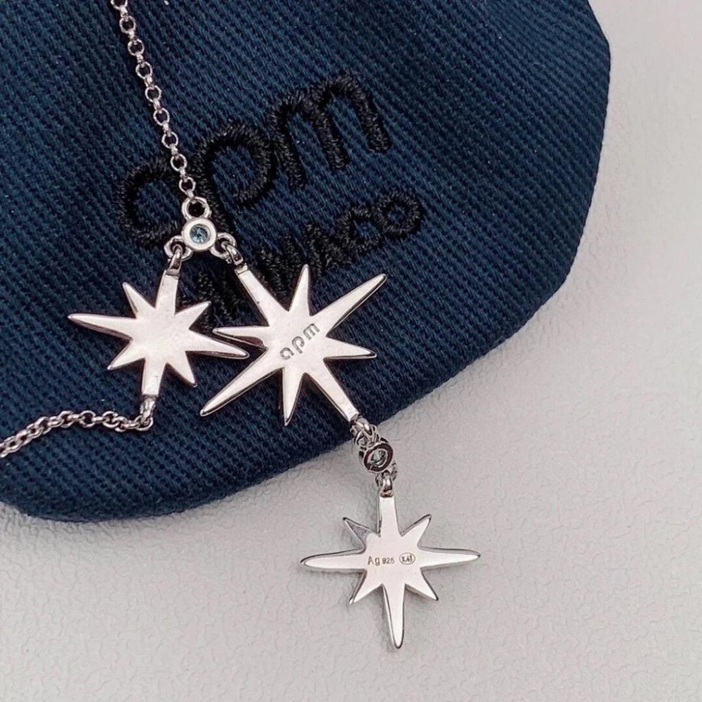 APM MONACO女生項鏈 六芒星項鏈 湖水藍項鏈 鑲晶鑽孔雀藍鎖骨鏈 可調節大小 毛衣鏈 女生頸鏈 明星同款項鏈-細節圖8