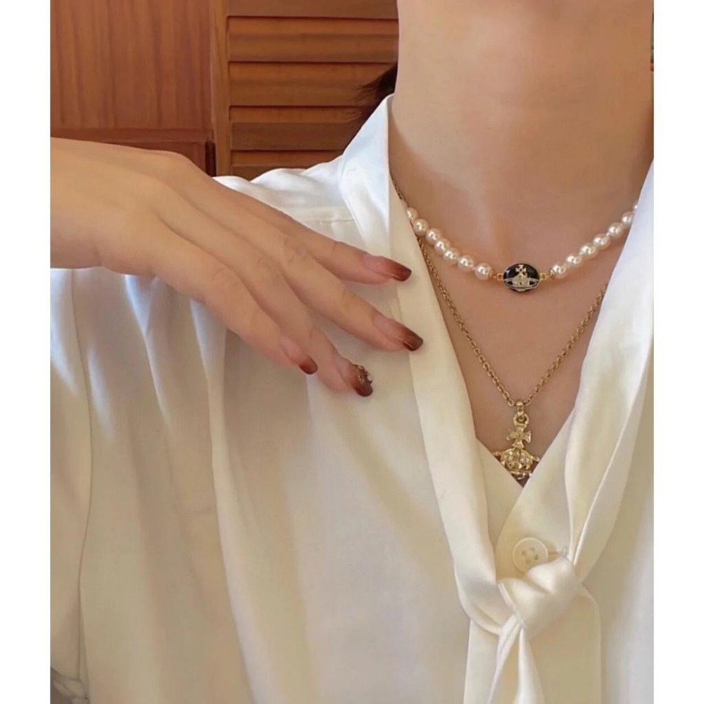 女生項鏈 搪瓷琺瑯珍珠項鍊 vivienne westwood項鏈 Lisa同款項鏈 設計感輕奢 氣質時尚頸鏈 鎖骨鏈-細節圖3