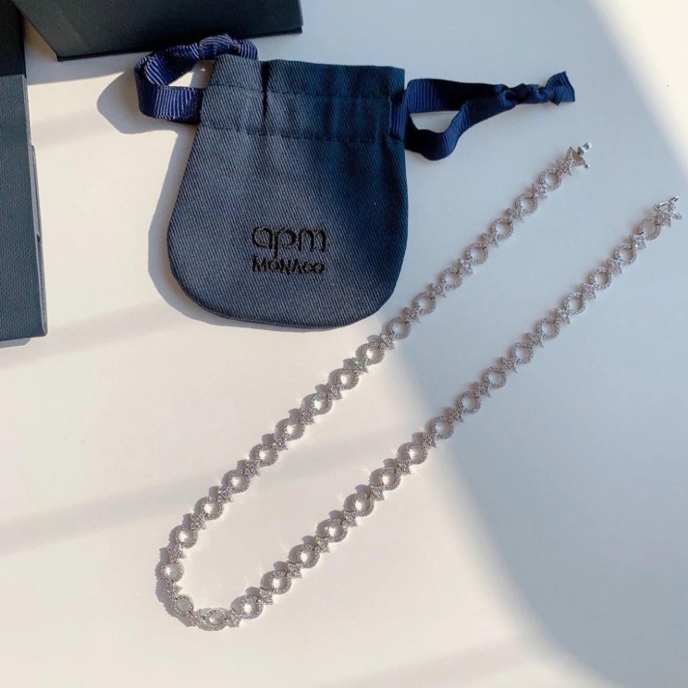 APM MONACO女生項鏈 新品六芒星圓圈項鏈 鑲晶鑽頸鏈 鎖骨鏈 925純銀項鏈 高級感輕奢項鏈 項墜 銀色項鏈-細節圖5