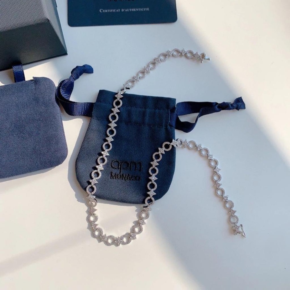 APM MONACO女生項鏈 新品六芒星圓圈項鏈 鑲晶鑽頸鏈 鎖骨鏈 925純銀項鏈 高級感輕奢項鏈 項墜 銀色項鏈-細節圖6