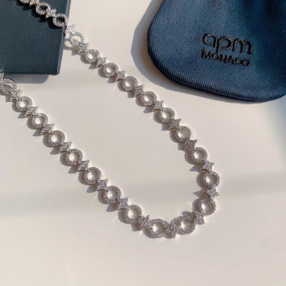 APM MONACO女生項鏈 新品六芒星圓圈項鏈 鑲晶鑽頸鏈 鎖骨鏈 925純銀項鏈 高級感輕奢項鏈 項墜 銀色項鏈-細節圖7