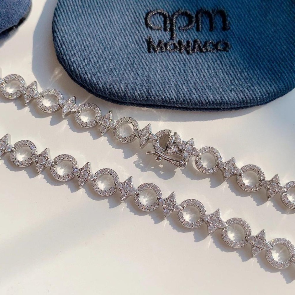 APM MONACO女生項鏈 新品六芒星圓圈項鏈 鑲晶鑽頸鏈 鎖骨鏈 925純銀項鏈 高級感輕奢項鏈 項墜 銀色項鏈-細節圖8