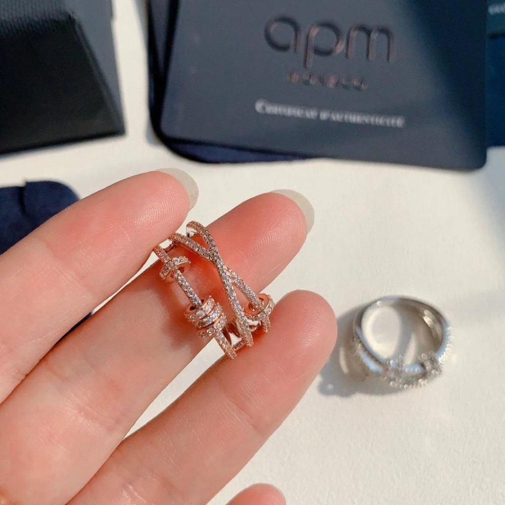 APM MONACO女生戒指 925純銀戒指 玫瑰金色銀色鑲晶鑽戒指 女生尾戒 多圈時來運轉戒指 食指環 中指環-細節圖8