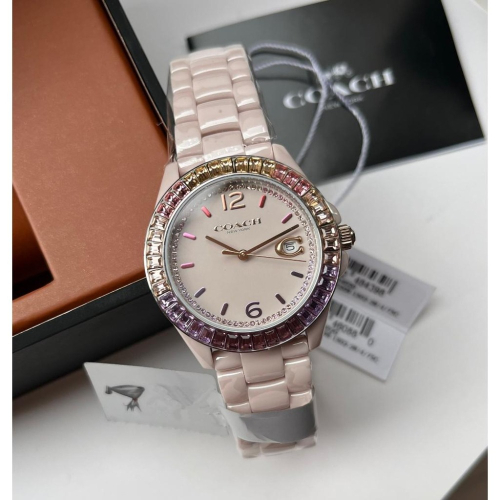 Coach蔻馳手錶 女生手錶 彩虹水鑽粉色陶瓷手錶PREYSO*系列 14504020石英錶 38mm大直徑手錶女