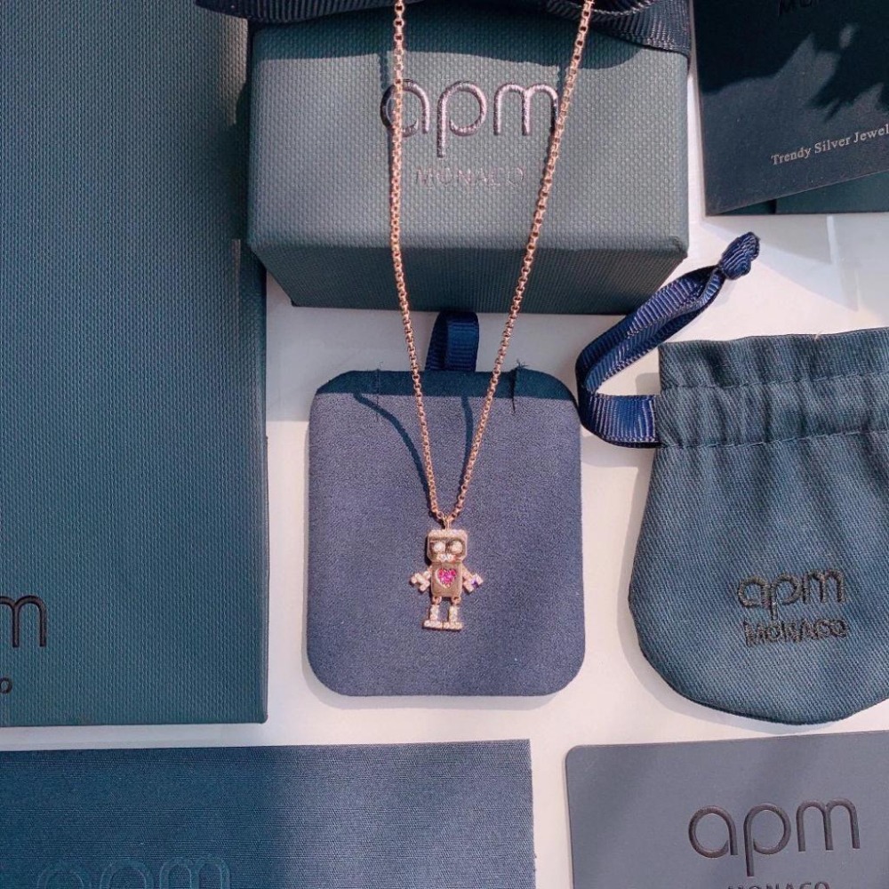 APM MONACO女生項鏈 925純銀項鏈 玫瑰金粉色機器人項鏈 毛衣鏈 可調節頸鏈 氣質百搭鎖骨鏈 項墜-細節圖2