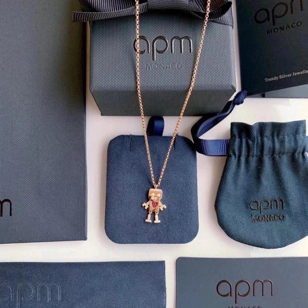 APM MONACO女生項鏈 925純銀項鏈 玫瑰金粉色機器人項鏈 毛衣鏈 可調節頸鏈 氣質百搭鎖骨鏈 項墜-細節圖5
