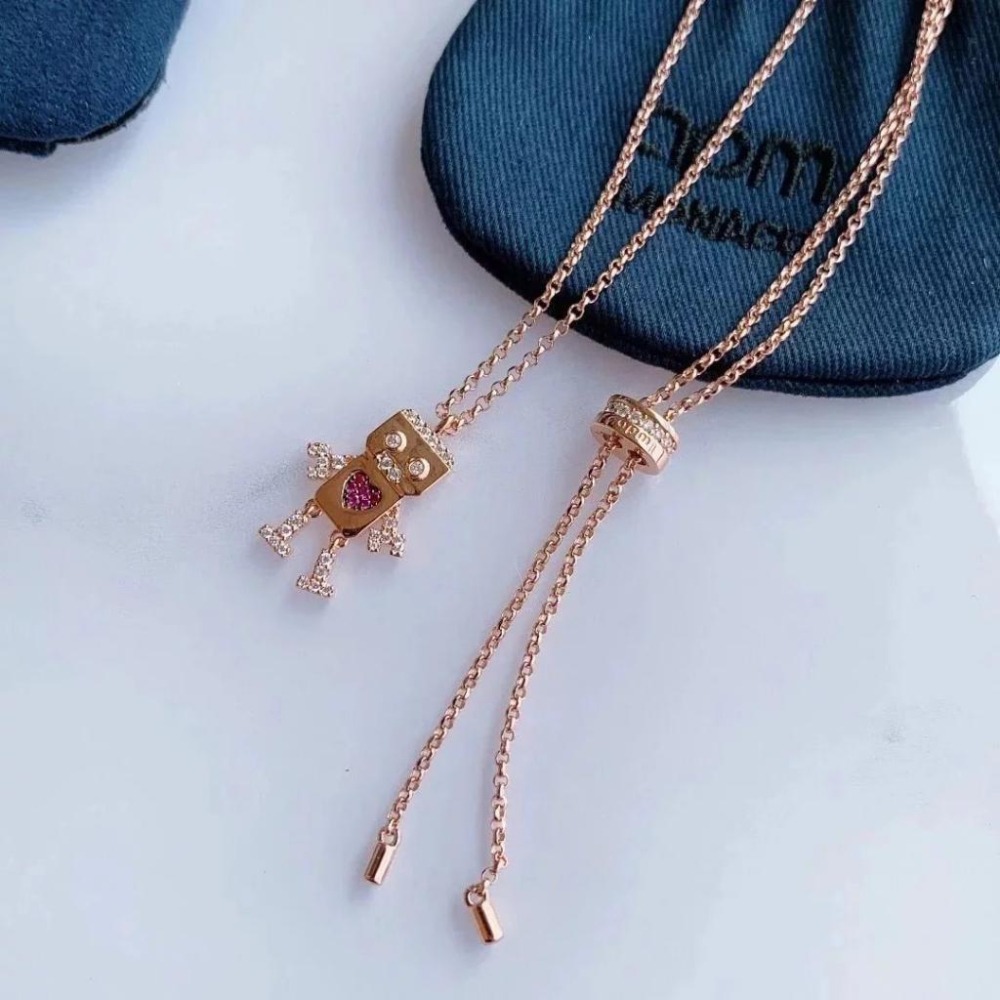 APM MONACO女生項鏈 925純銀項鏈 玫瑰金粉色機器人項鏈 毛衣鏈 可調節頸鏈 氣質百搭鎖骨鏈 項墜-細節圖6