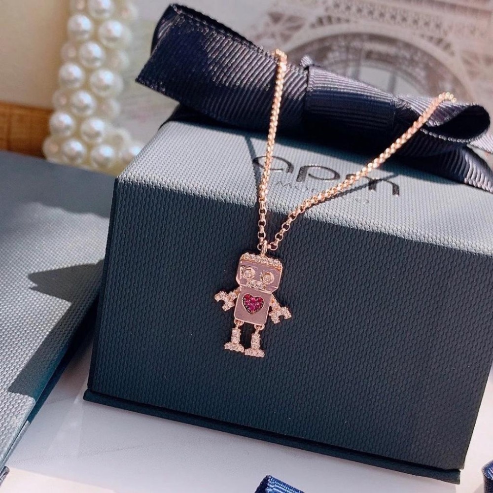 APM MONACO女生項鏈 925純銀項鏈 玫瑰金粉色機器人項鏈 毛衣鏈 可調節頸鏈 氣質百搭鎖骨鏈 項墜-細節圖7