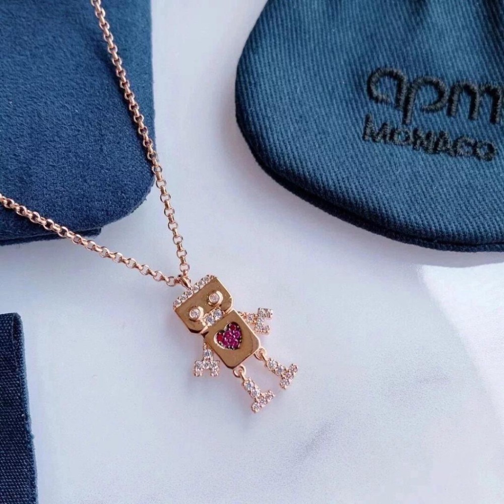 APM MONACO女生項鏈 925純銀項鏈 玫瑰金粉色機器人項鏈 毛衣鏈 可調節頸鏈 氣質百搭鎖骨鏈 項墜-細節圖8