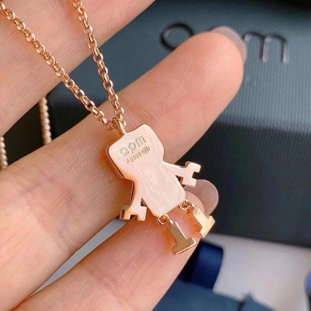 APM MONACO女生項鏈 925純銀項鏈 玫瑰金粉色機器人項鏈 毛衣鏈 可調節頸鏈 氣質百搭鎖骨鏈 項墜-細節圖9