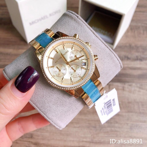 Michael Kors手錶 歐美時尚女錶 休閒通勤手錶 MK6328天藍色間膠鋼帶錶 學生手錶 三眼計時日曆大直徑腕錶