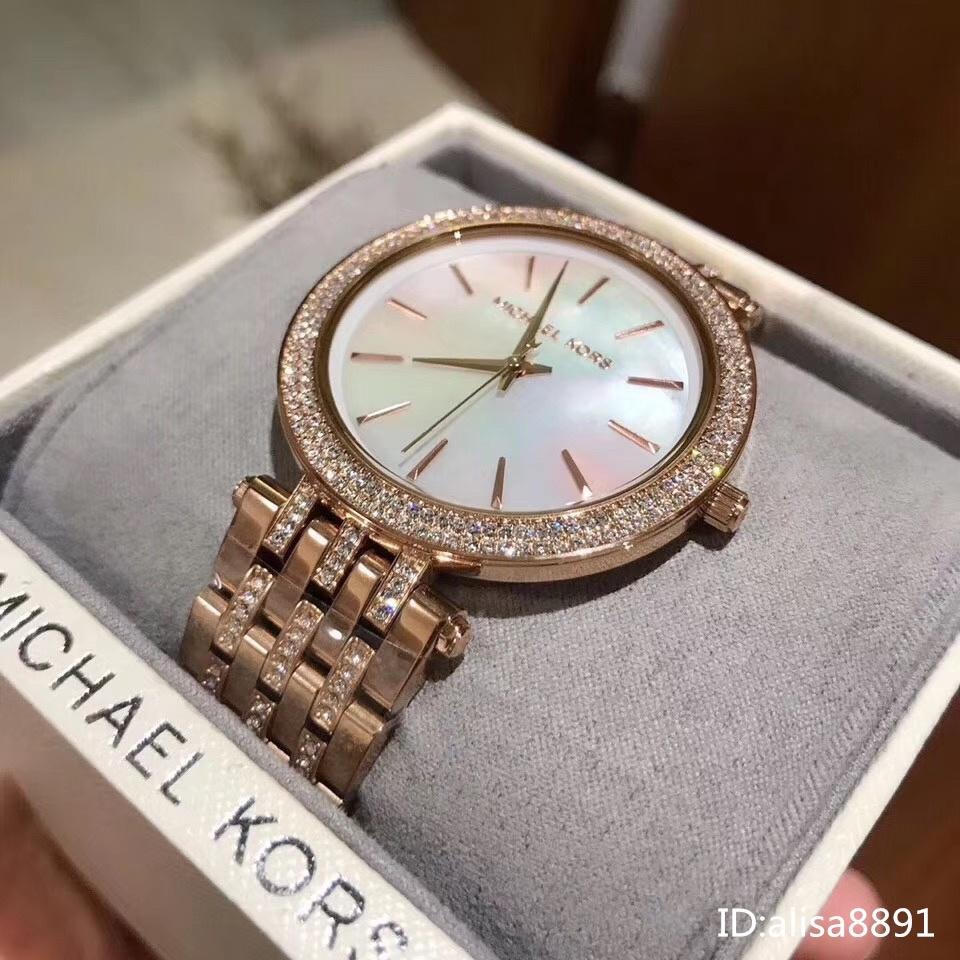 三針石英錶 鑲鑽玫瑰金色鋼帶錶 MK3220貝母面超薄女生腕錶 時尚潮流百搭腕錶 石英手錶 大直徑手錶-細節圖4