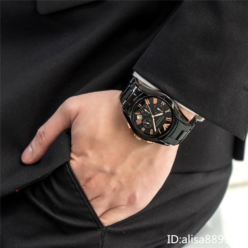 阿瑪尼Armani手錶 黑色陶瓷手錶男 玫瑰金陶瓷男生腕錶 商務休閒石英錶 男生手錶 防水日曆計時手錶男AR1410-細節圖6