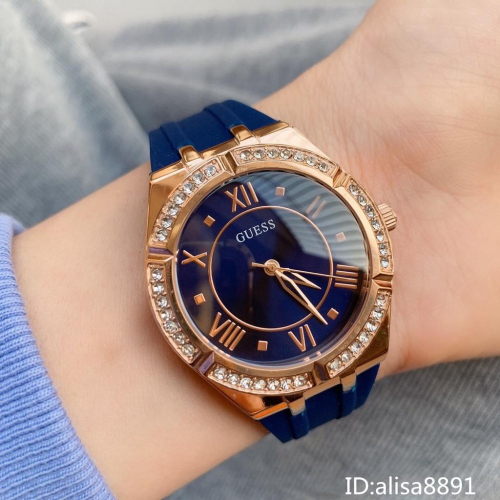 GUESS蓋爾斯手錶 女生手錶 藍色橡膠錶帶石英錶 鑲鑽時尚潮流女生腕錶 休閒運動女錶 精品錶GW0034L4