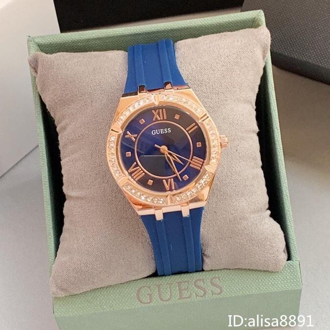 GUESS蓋爾斯手錶 女生手錶 藍色橡膠錶帶石英錶 鑲鑽時尚潮流女生腕錶 休閒運動女錶 精品錶GW0034L4-細節圖2