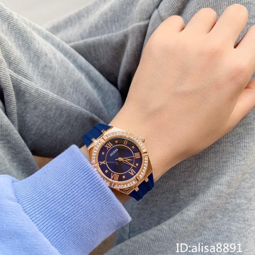 GUESS蓋爾斯手錶 女生手錶 藍色橡膠錶帶石英錶 鑲鑽時尚潮流女生腕錶 休閒運動女錶 精品錶GW0034L4-細節圖3