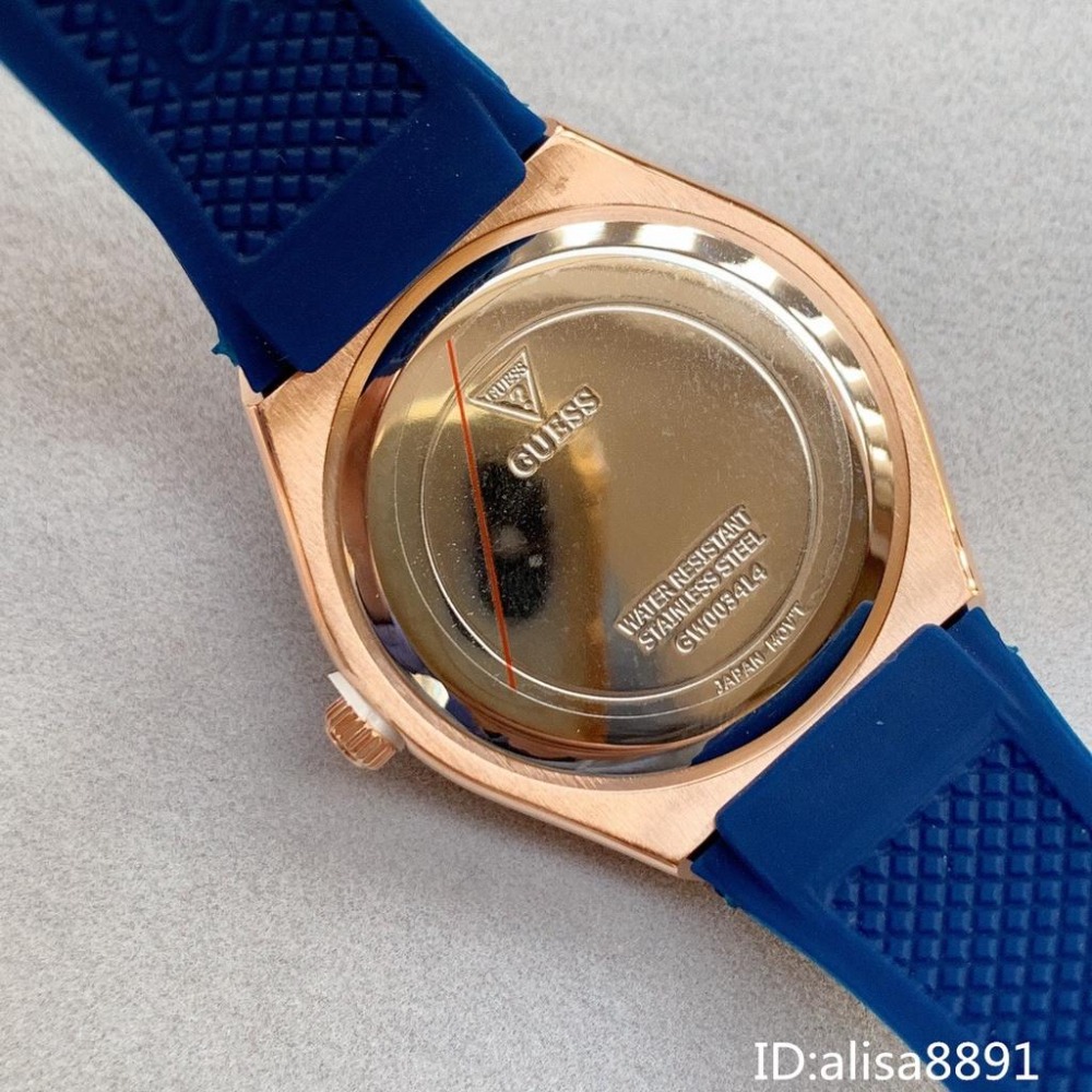 GUESS蓋爾斯手錶 女生手錶 藍色橡膠錶帶石英錶 鑲鑽時尚潮流女生腕錶 休閒運動女錶 精品錶GW0034L4-細節圖9