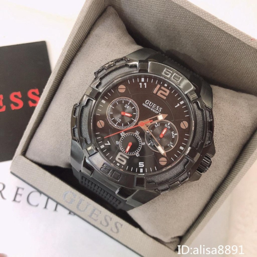 GUESS蓋爾斯手錶 男生手錶 大直徑黑色橡膠錶帶石英錶 美國時尚潮流男錶 商務休閒腕錶 運動計時手錶男W1254G2