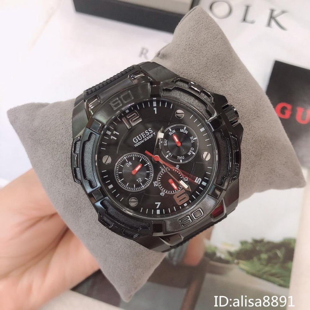GUESS蓋爾斯手錶 男生手錶 大直徑黑色橡膠錶帶石英錶 美國時尚潮流男錶 商務休閒腕錶 運動計時手錶男W1254G2-細節圖2