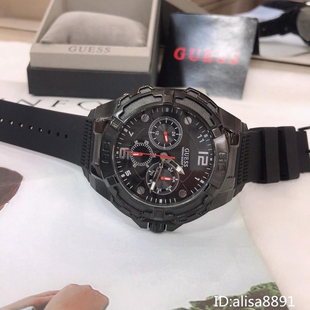 GUESS蓋爾斯手錶 男生手錶 大直徑黑色橡膠錶帶石英錶 美國時尚潮流男錶 商務休閒腕錶 運動計時手錶男W1254G2-細節圖8