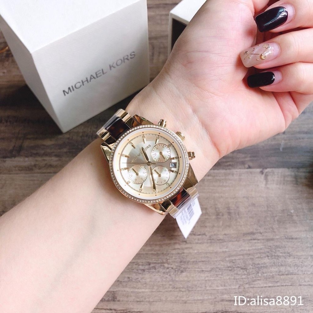 Michael Kors手錶 鑲鑽時尚女生腕錶 日曆三眼計時手錶女 大錶盤手錶 MK6322玳瑁色鋼帶錶 女生石英錶-細節圖2