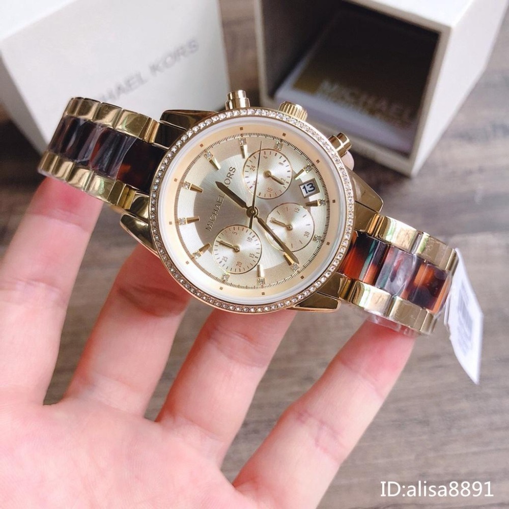 Michael Kors手錶 鑲鑽時尚女生腕錶 日曆三眼計時手錶女 大錶盤手錶 MK6322玳瑁色鋼帶錶 女生石英錶-細節圖5