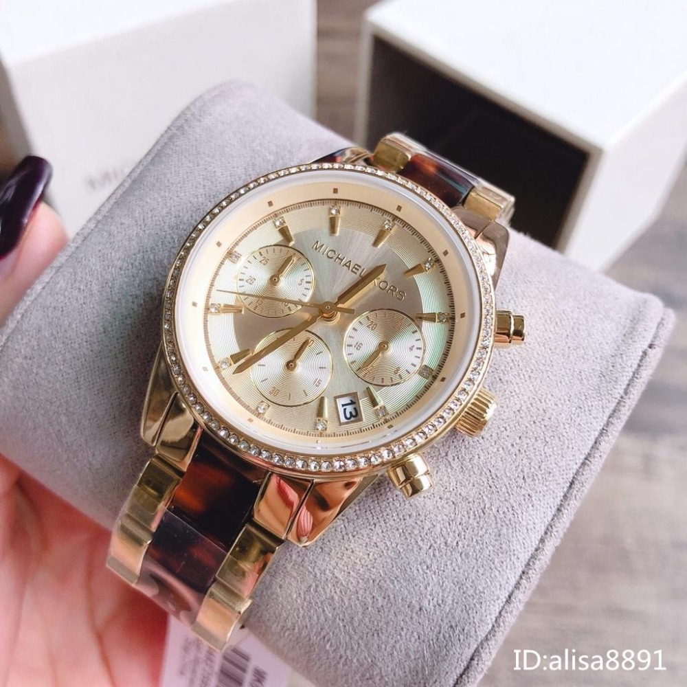 Michael Kors手錶 鑲鑽時尚女生腕錶 日曆三眼計時手錶女 大錶盤手錶 MK6322玳瑁色鋼帶錶 女生石英錶-細節圖6