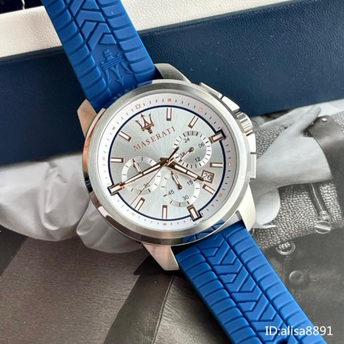 MASERATI瑪莎拉蒂手錶 男生商務休閒運動手錶 三眼計時手錶 時尚男錶 藍色橡膠錶帶石英錶 R8871621013