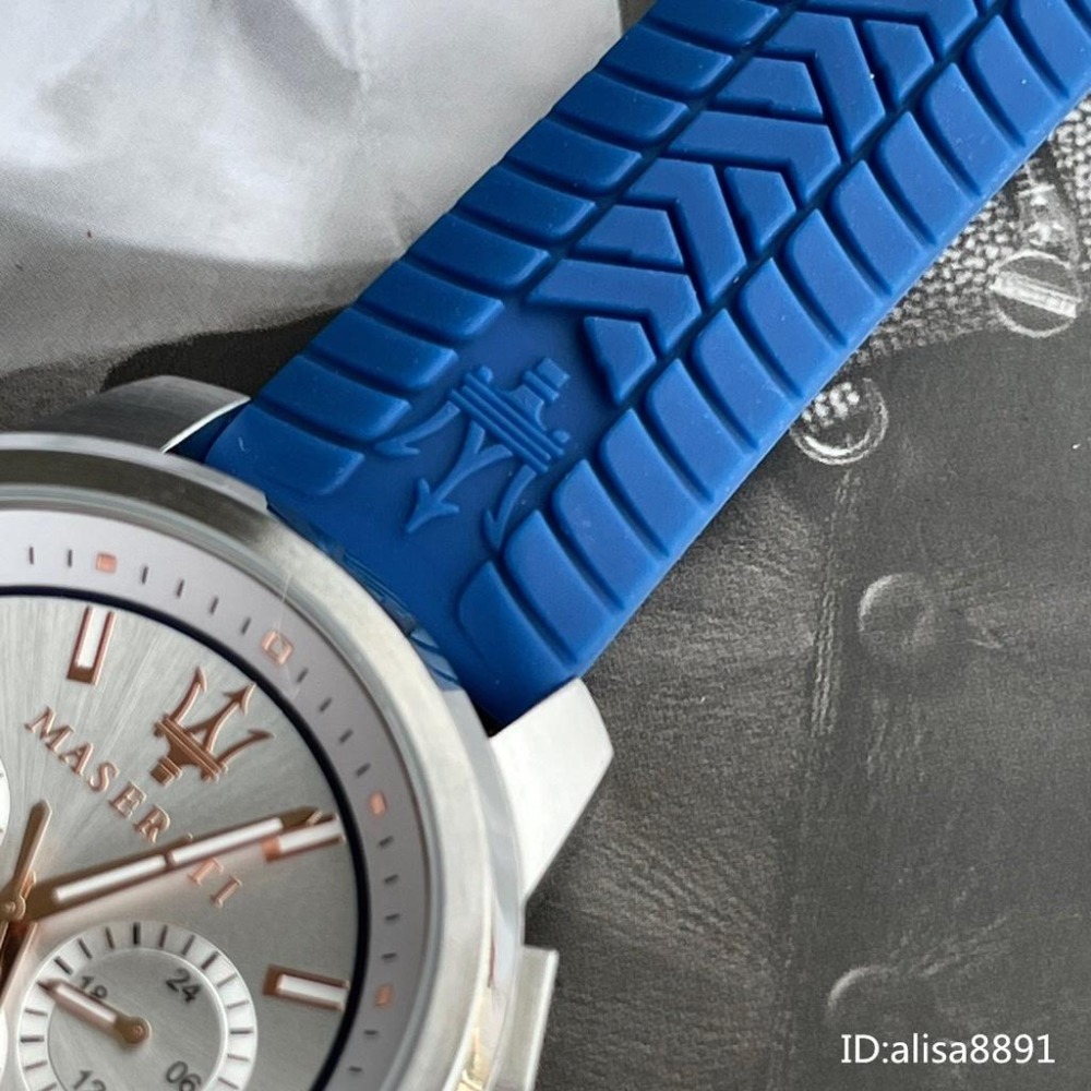 MASERATI瑪莎拉蒂手錶 男生商務休閒運動手錶 三眼計時手錶 時尚男錶 藍色橡膠錶帶石英錶 R8871621013-細節圖8