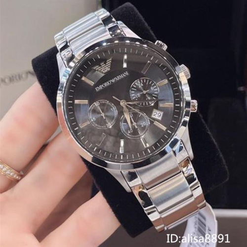 Armani阿瑪尼手錶 休閒運動手錶 銀色黑面鋼帶錶 男生手錶 時尚百搭男錶 防水石英錶 日曆計時手錶男AR2434