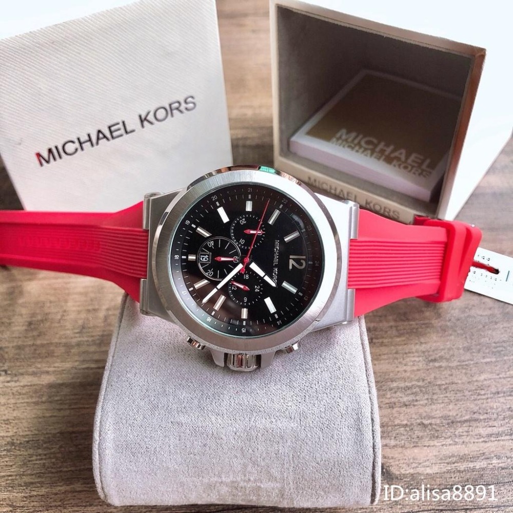 Michael Kors手錶紅色橡膠錶帶石英錶 男生手錶 休閒運動腕錶 三眼計時大直徑手錶 商務通勤百搭手錶MK8169-細節圖6