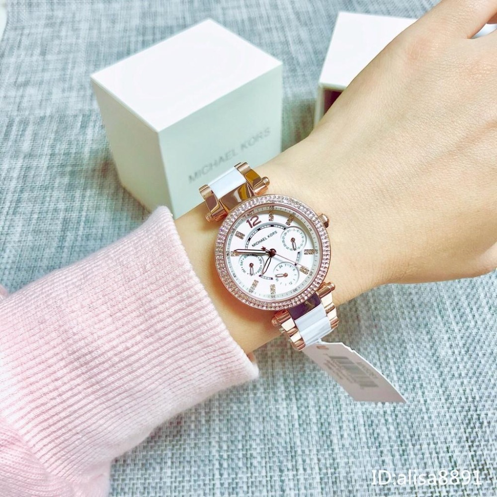 Michael Kors手錶女生 時尚潮流女錶 學生手錶 MK6261白色陶瓷手錶 鑲鑽三眼計時手錶 小直徑女生石英錶-細節圖3