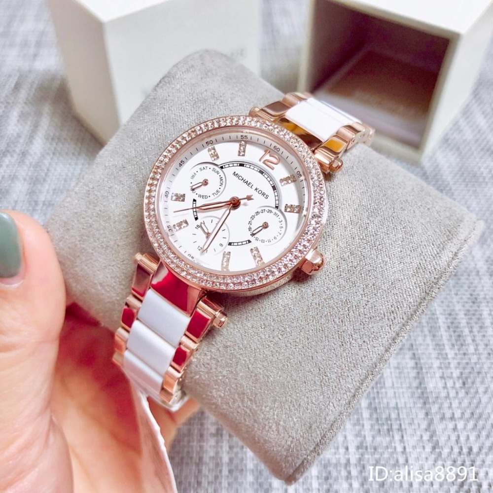 Michael Kors手錶女生 時尚潮流女錶 學生手錶 MK6261白色陶瓷手錶 鑲鑽三眼計時手錶 小直徑女生石英錶-細節圖4